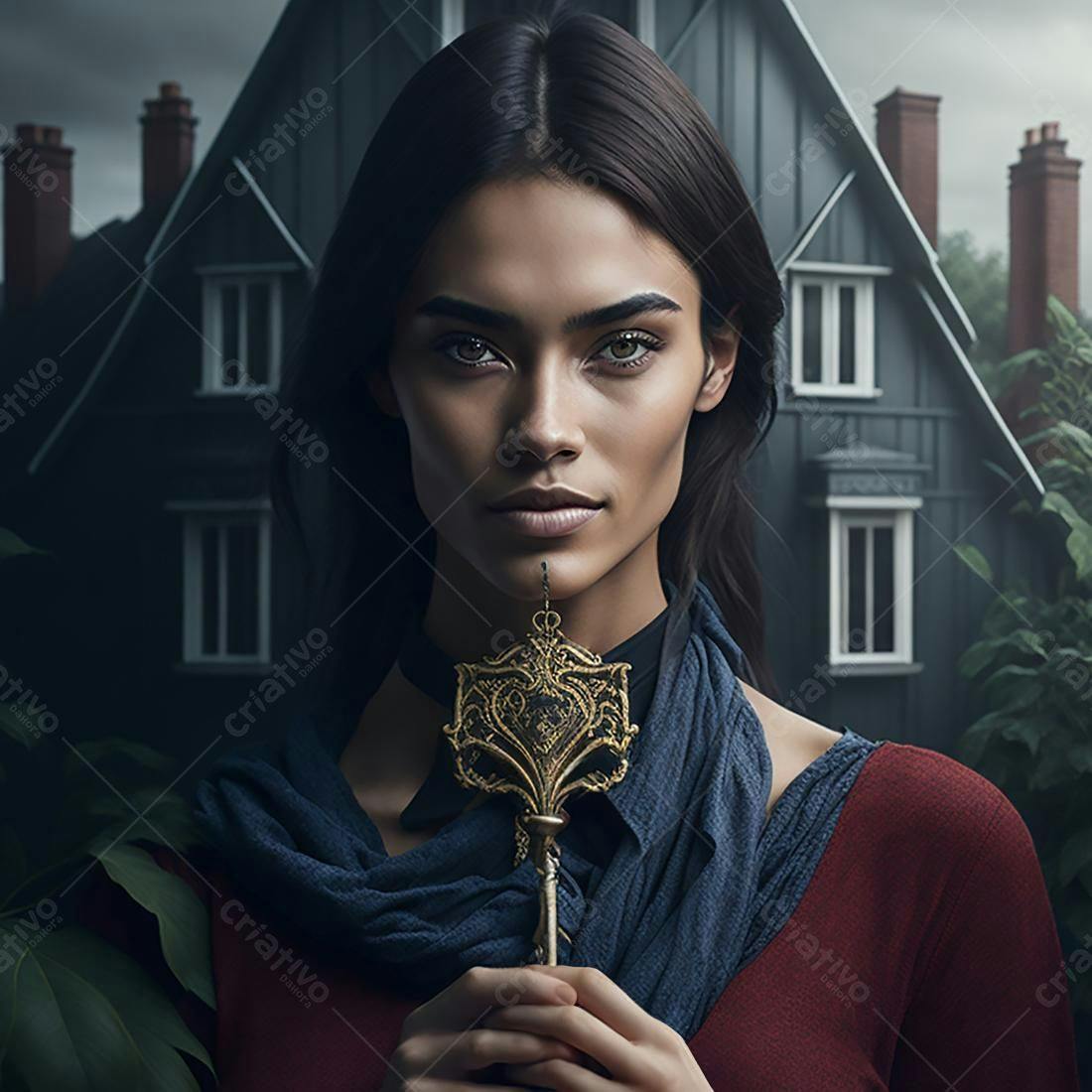 Mulher segura chave antiga casa escura