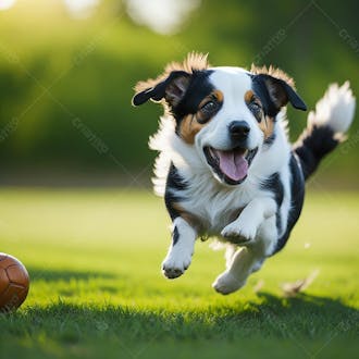 Imagem de um cachorro brincando com a bola em um gramado verde