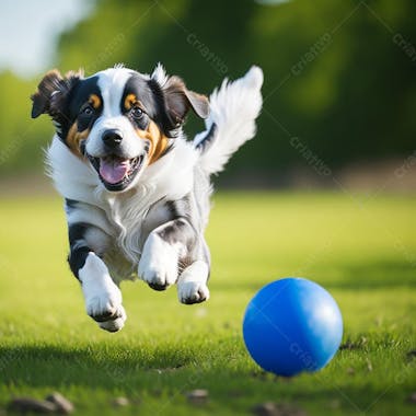 Imagem de um cachorro brincando com a bola em um gramado verde