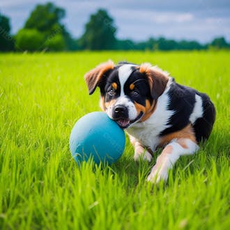 Imagem de um cachorro brincando com a bola em um gramado verde