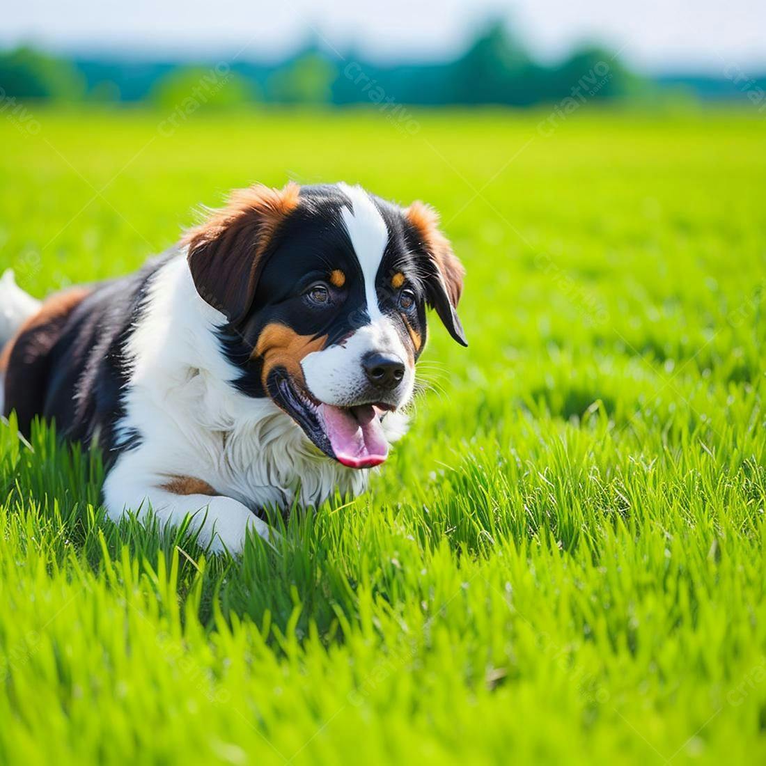Cachorro tricolor deitado em grama verde