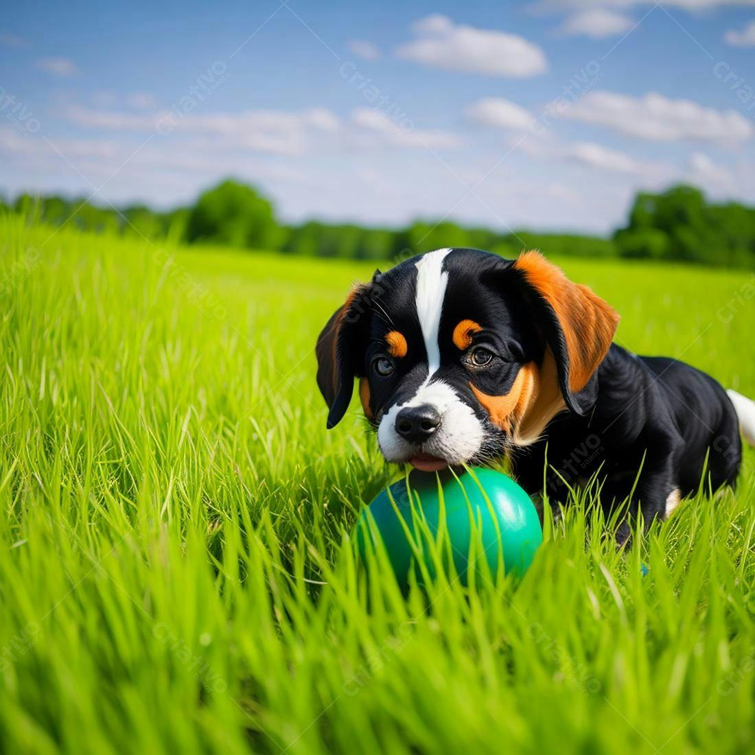 Cachorro brincando com bola em campo gramado