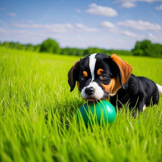 Imagem de um cachorro brincando com a bola em um gramado verde