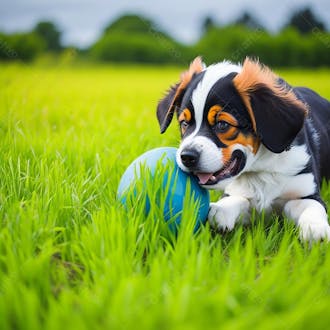 Imagem de um cachorro brincando com a bola em um gramado verde