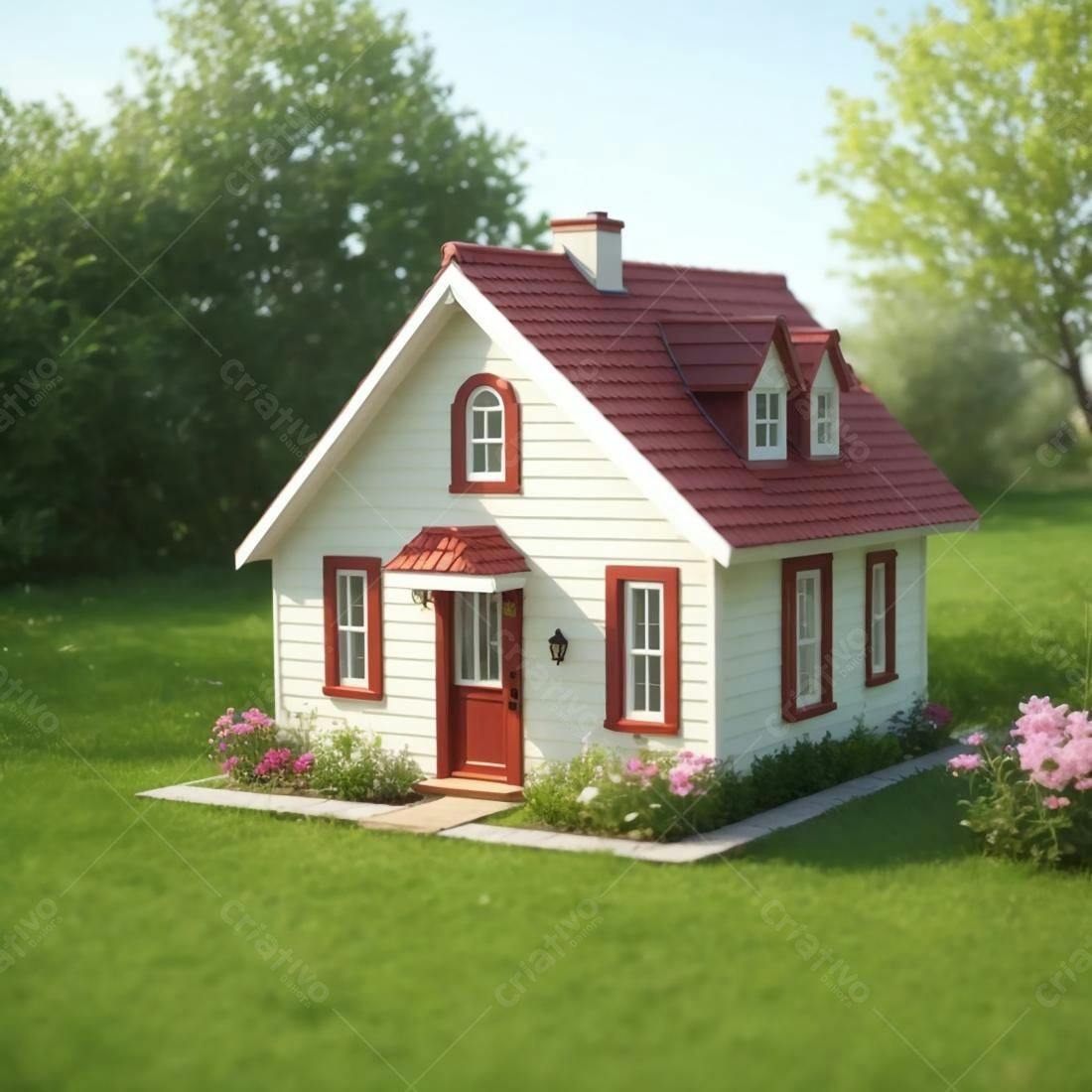 Casa Branca e Vermelha em Jardim Ensolarado