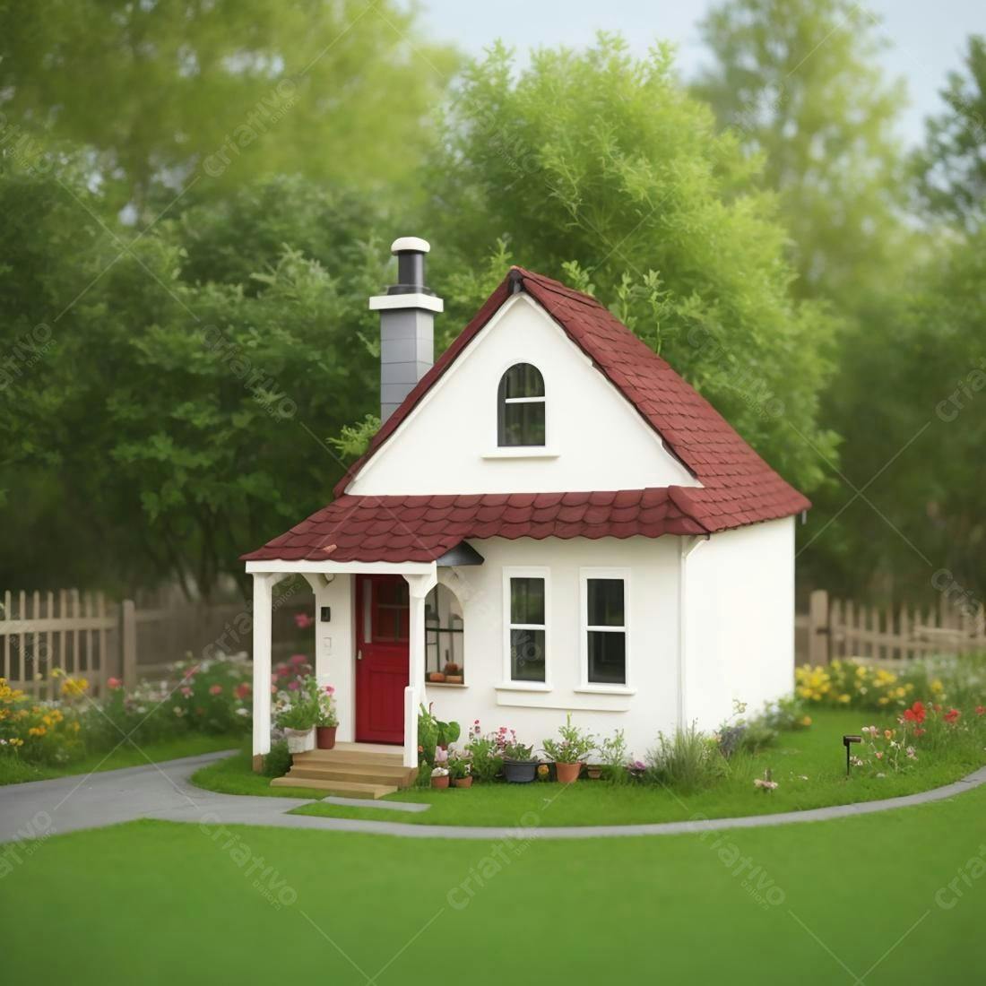 Casa branca com telhado vermelho em jardim florido