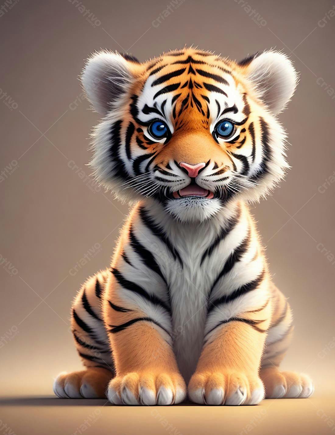 Tigre filhote com olhos azuis fundo marrom