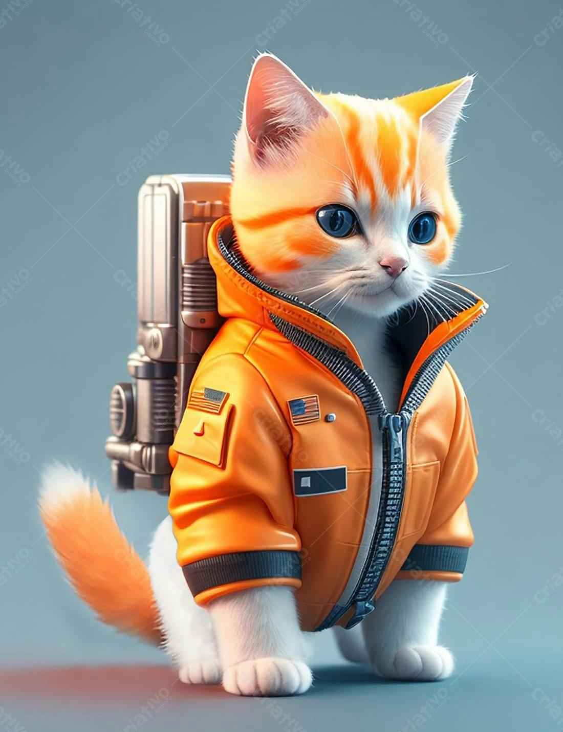 Gatinho astronauta com mochila laranja