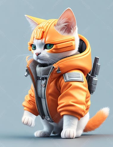 Gato futurista laranja, com um traje espacial