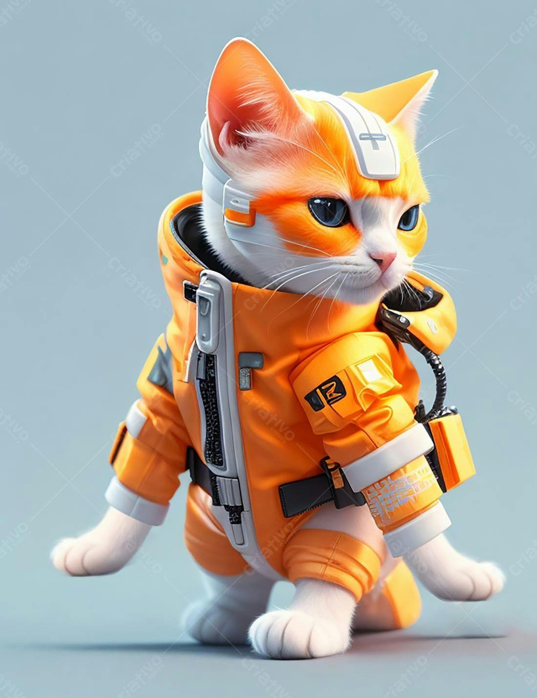 Gato astronauta em traje laranja