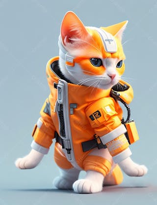 Gato futurista laranja, com um traje espacial