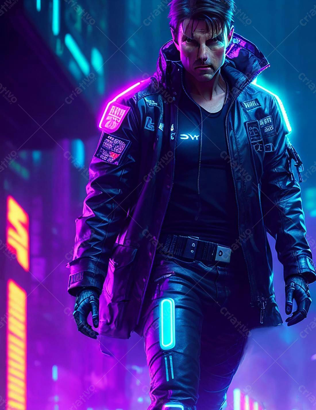 Homem em Jaqueta Neon em Cidade Cyberpunk