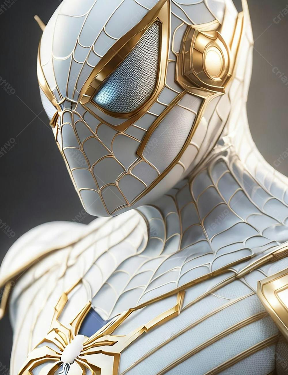 Super Herói com uma armadura branca com detalhes em dourado