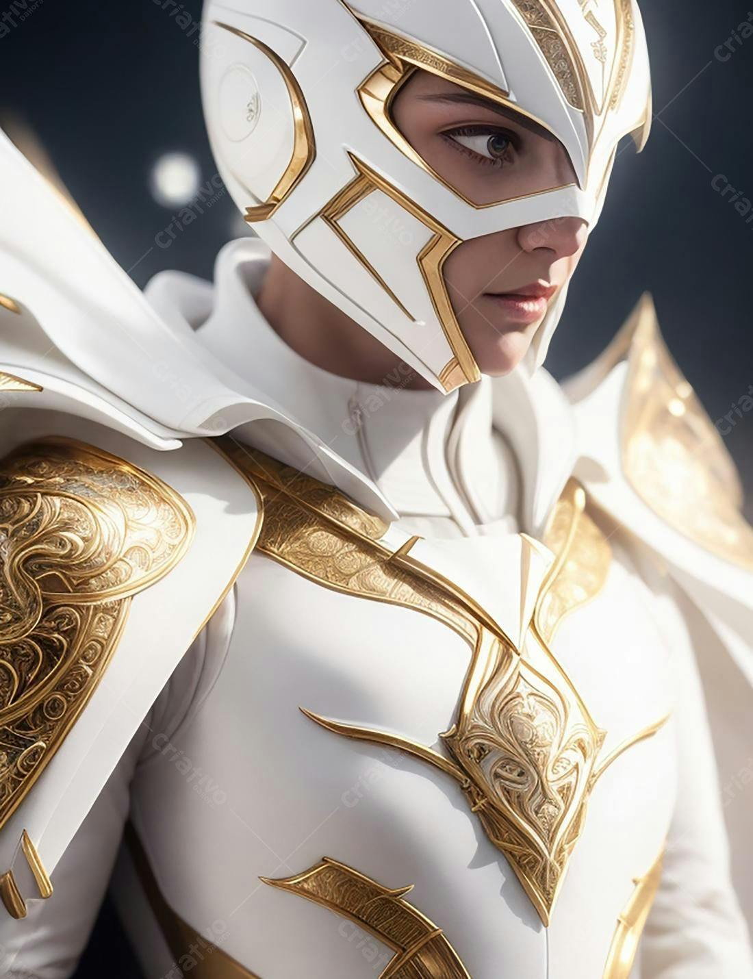 Mulher com armadura branca e dourada