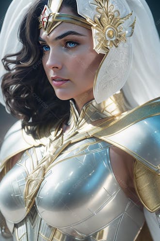 Super heróina, com armadura de branco e detalhes em dourado