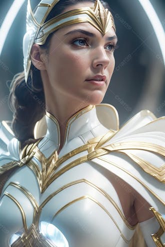 Super heróina, com armadura de branco e detalhes em dourado