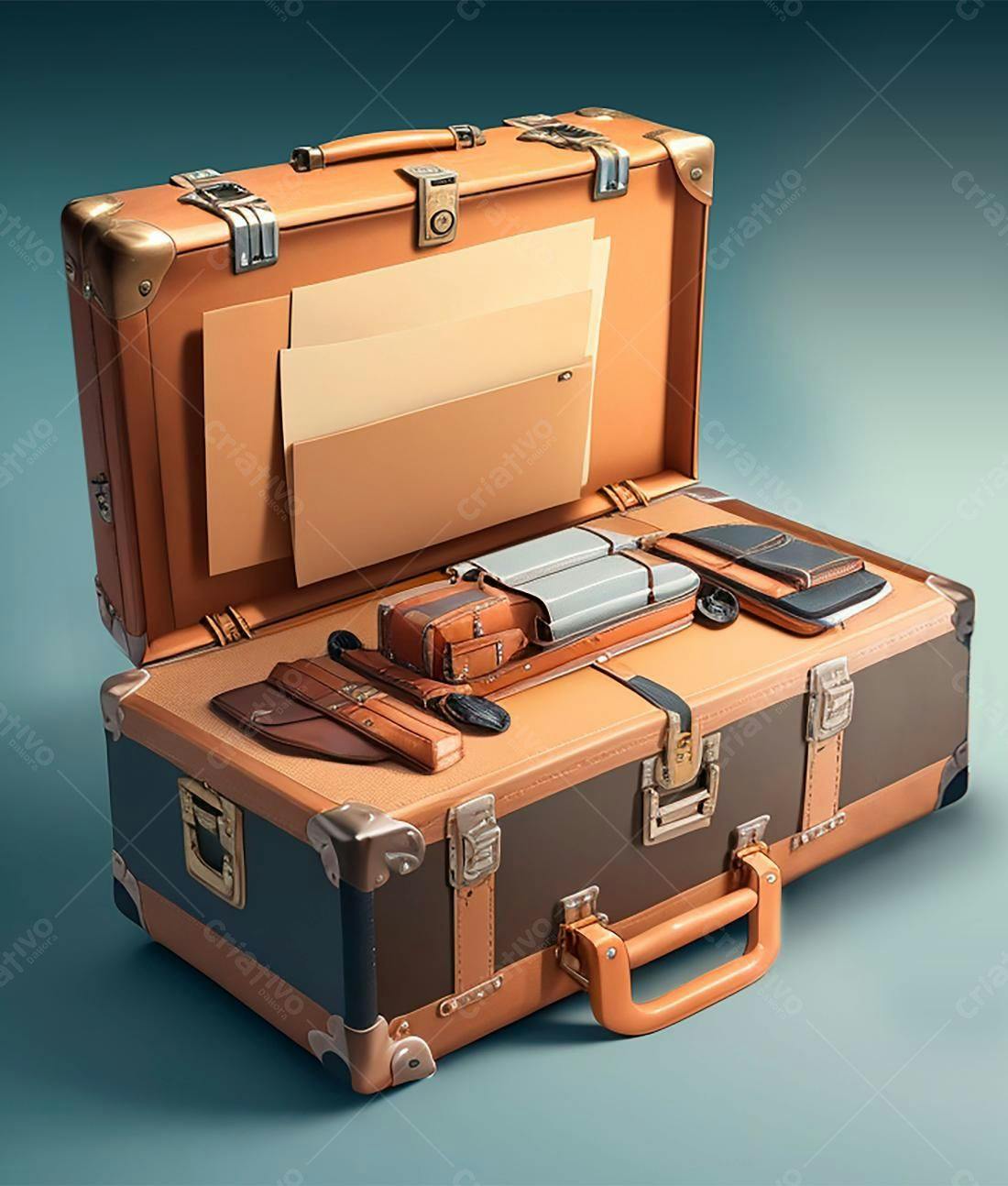 Mala antiga aberta com objetos de viagem