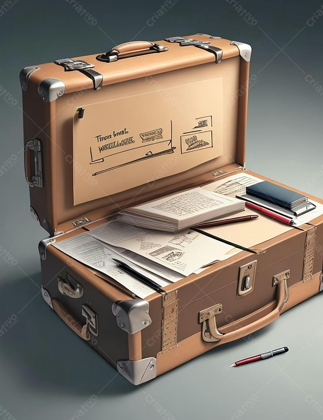 Mala antiga cheia de documentos e objetos