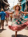 Happy woman dancing on the street in a floral dress.
