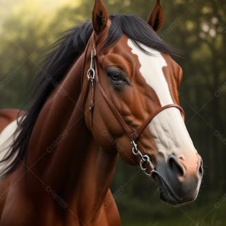 Cavalo marrom em uma paisagem verde