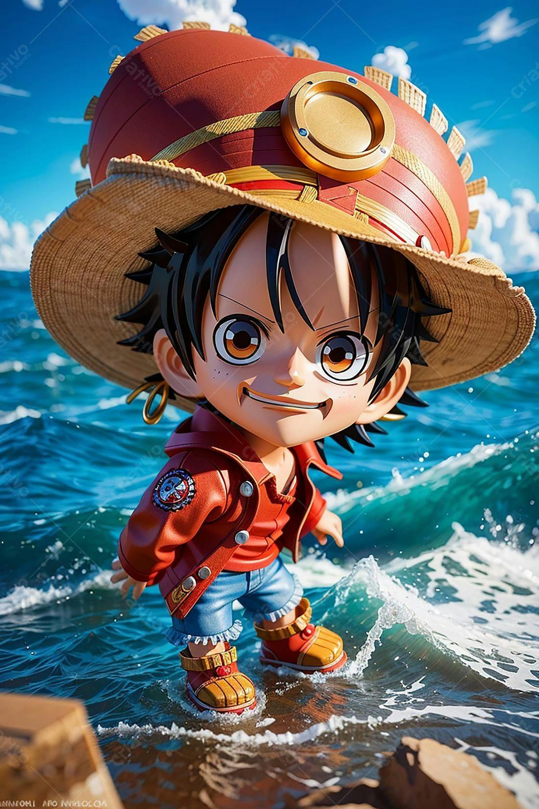 Luffy Figurinha na Praia estilo Chibi