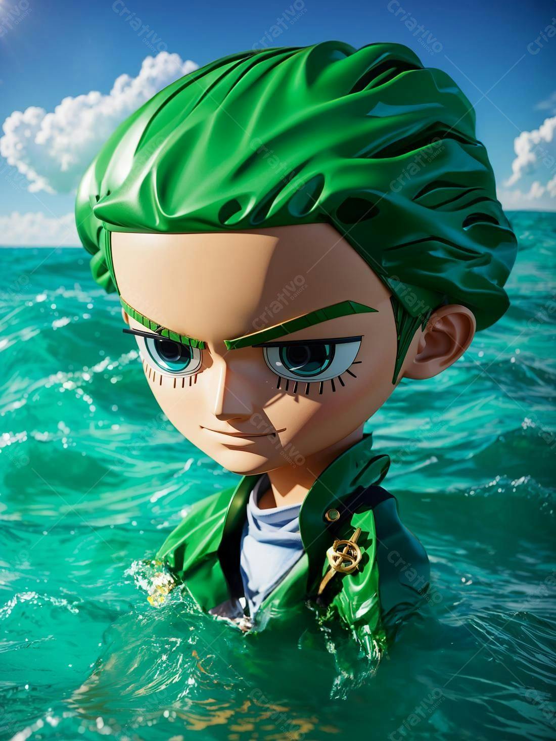 Menino de cabelo verde na água