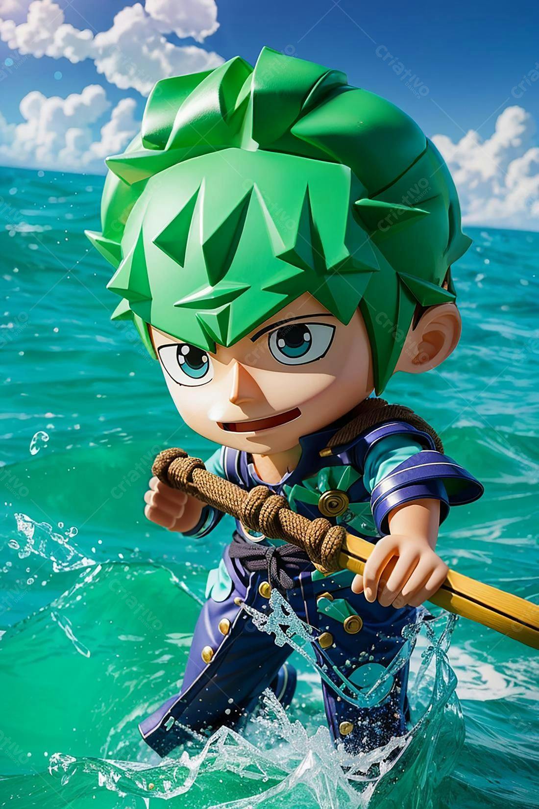 Personagem Anime Verde navegando no mar