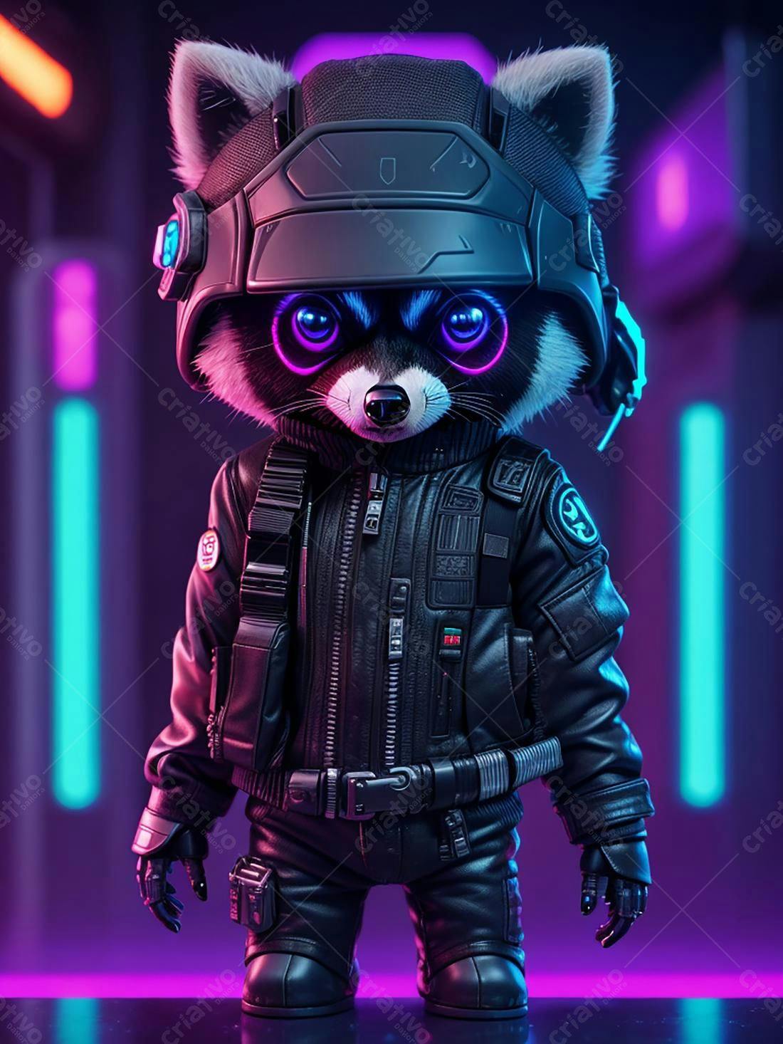 Guaxinim futurista em cenário neon