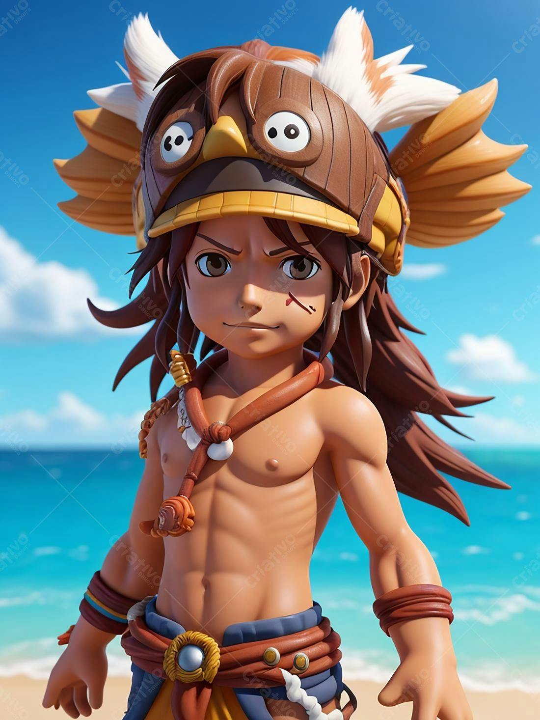 Menino com chapéu de pássaro na praia