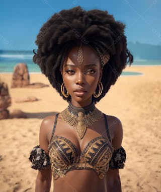 Linda mulher negra na praia usando biquíni