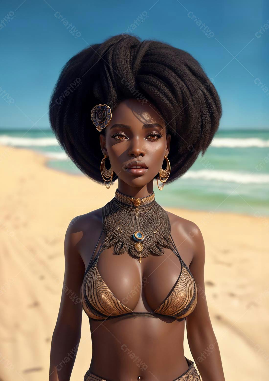 Mulher negra na praia com joias douradas
