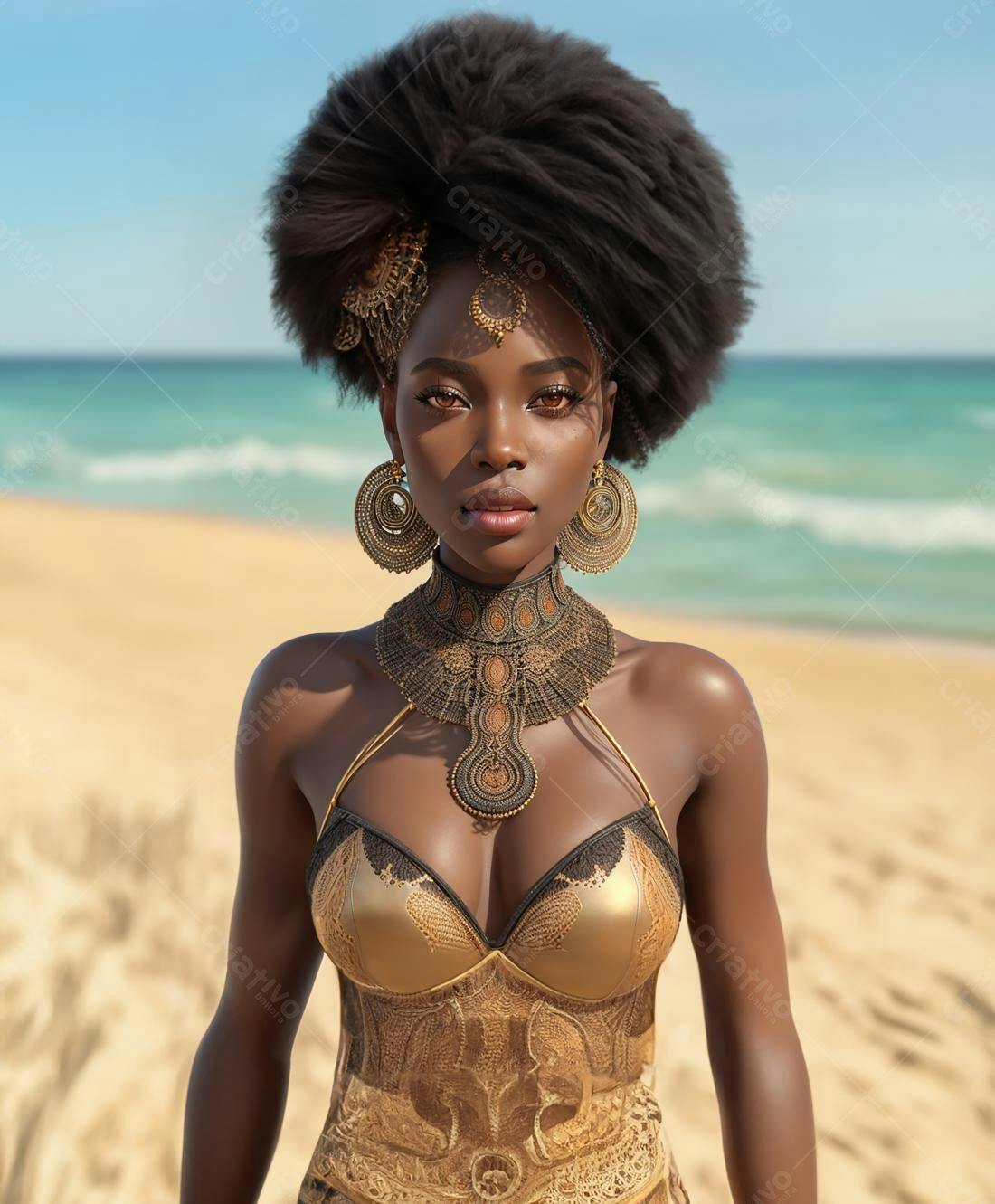 Mulher negra na praia com joias douradas