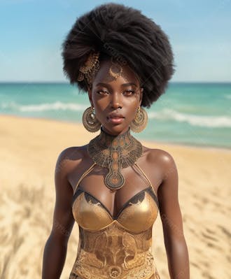 Linda mulher negra na praia usando biquíni