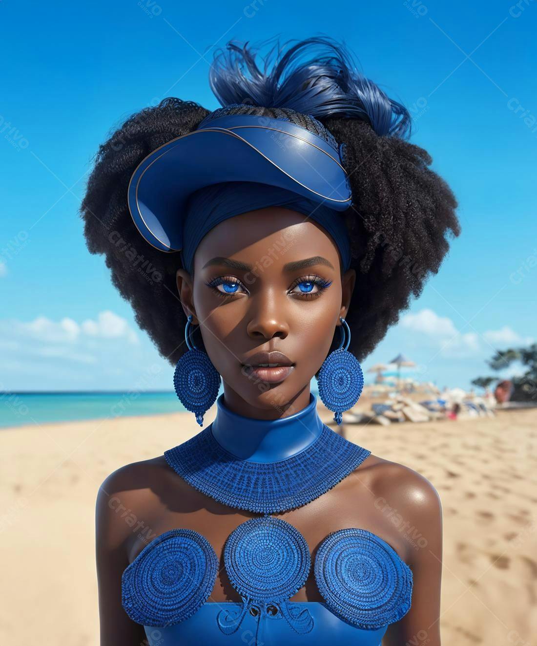 Modelo negra usando roupas e acessórios azuis na praia
