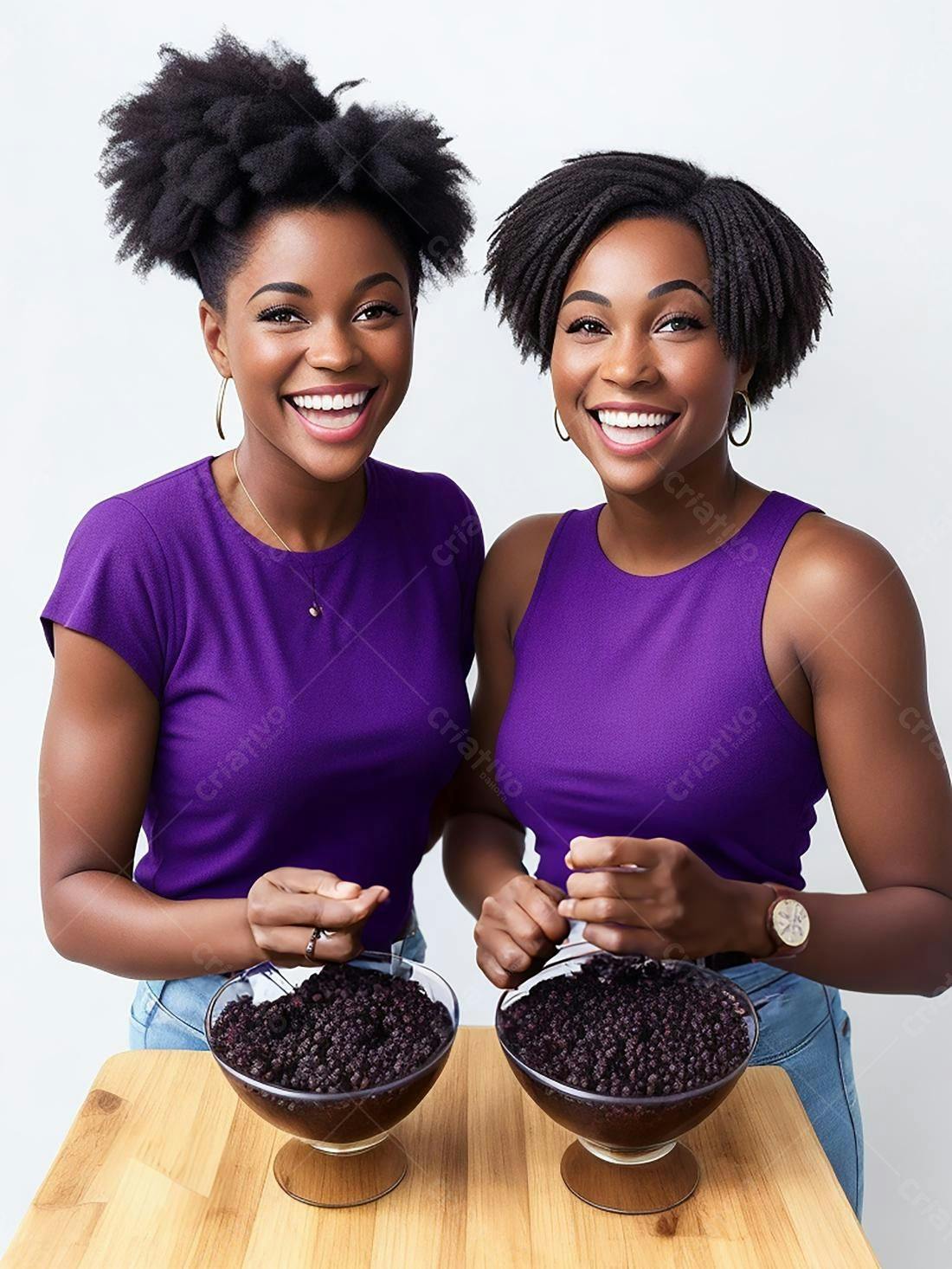 Duas irmãs negras preparam doce de mirtilos