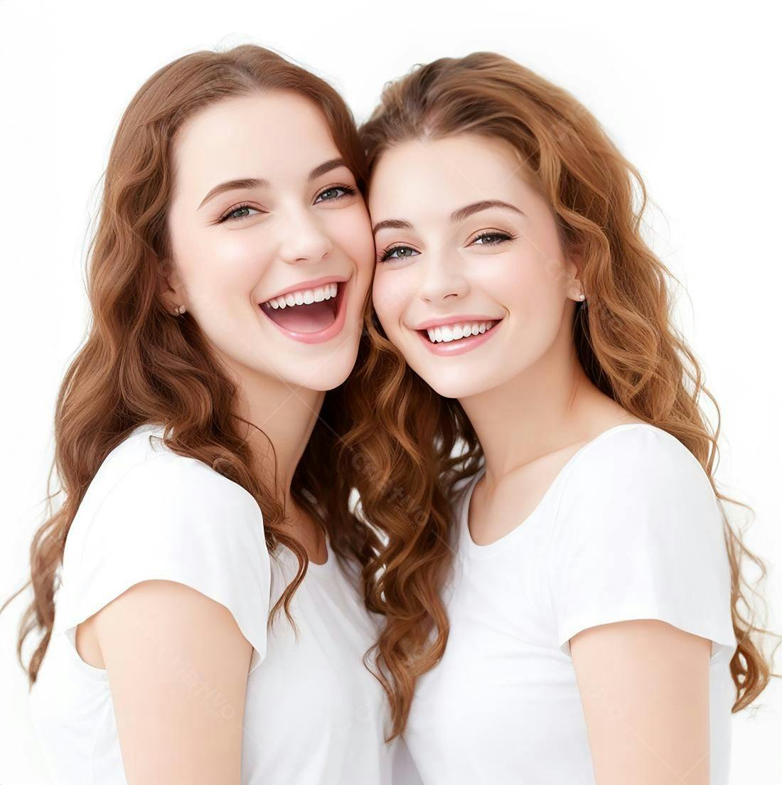 Amigas sorrindo juntas fundo branco