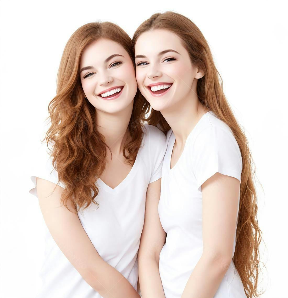 Duas irmãs sorrindo juntas fundo branco