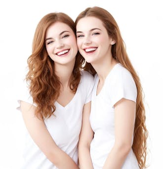 Duas mulheres sorrindo com camiseta branca