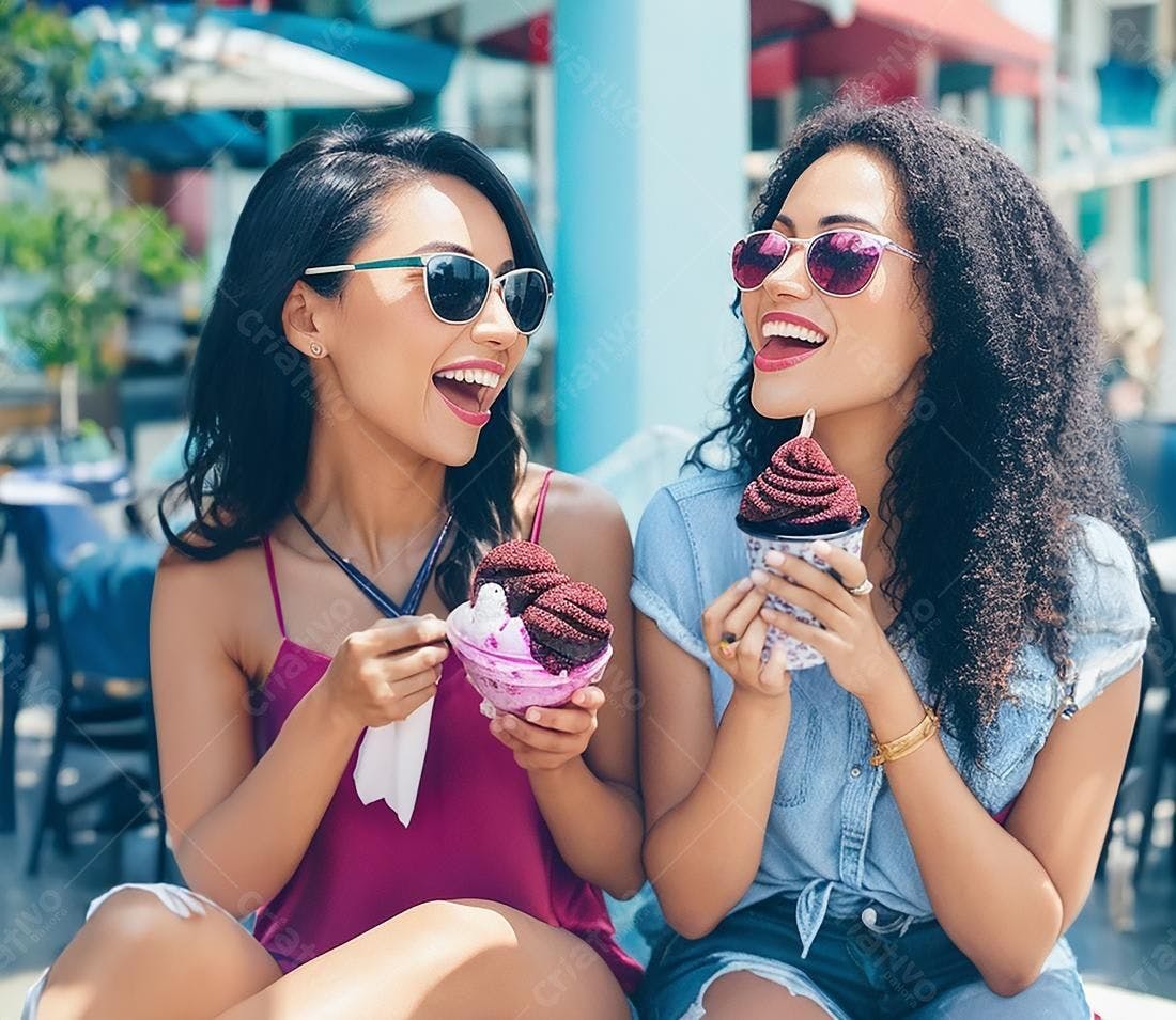 Amigas sorrindo com sorvete roxo e chocolate