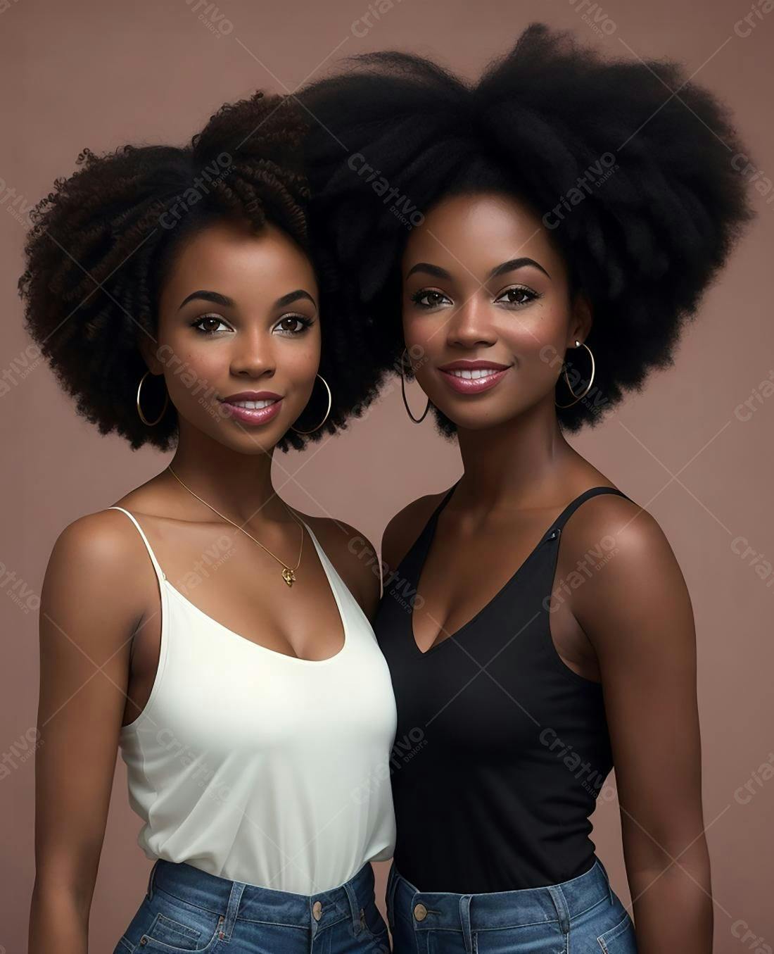 Duas mulheres negras sorrindo com cabelos volumosos