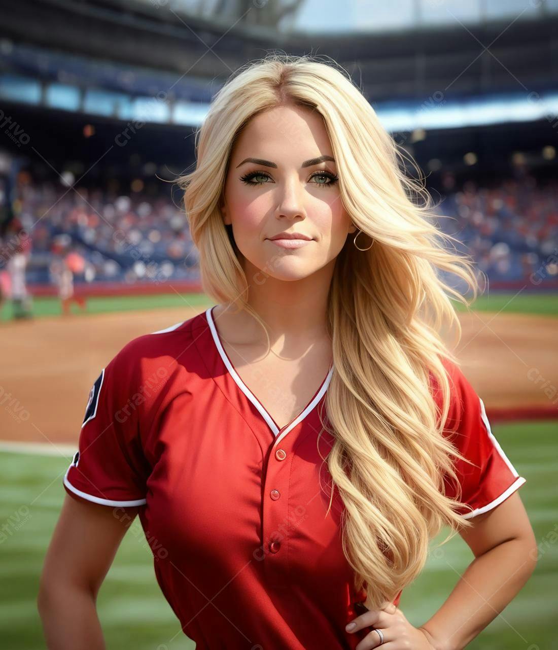 Mulher loira em uniforme vermelho num estádio