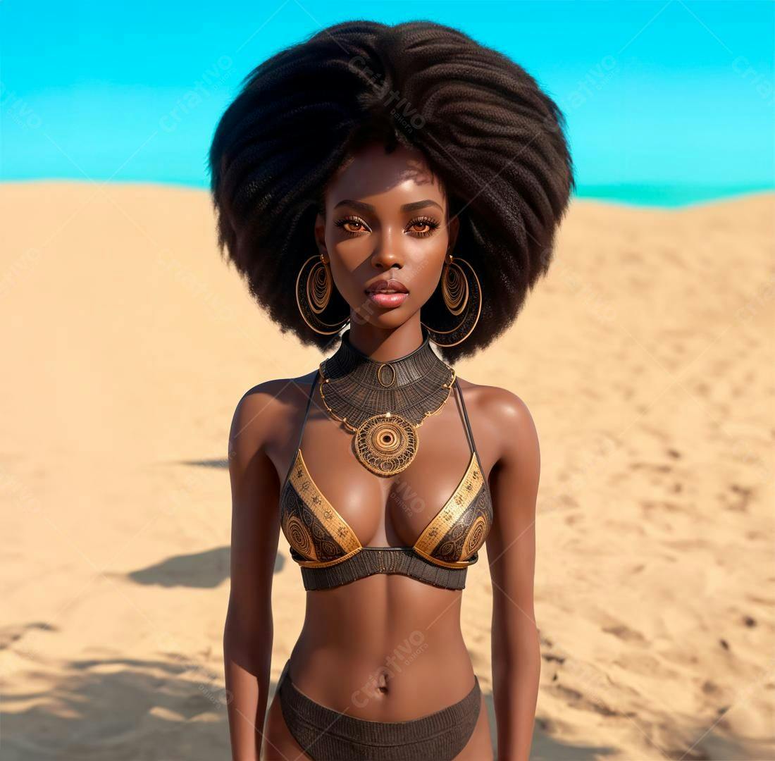 Modelo negra na praia com biquini dourado