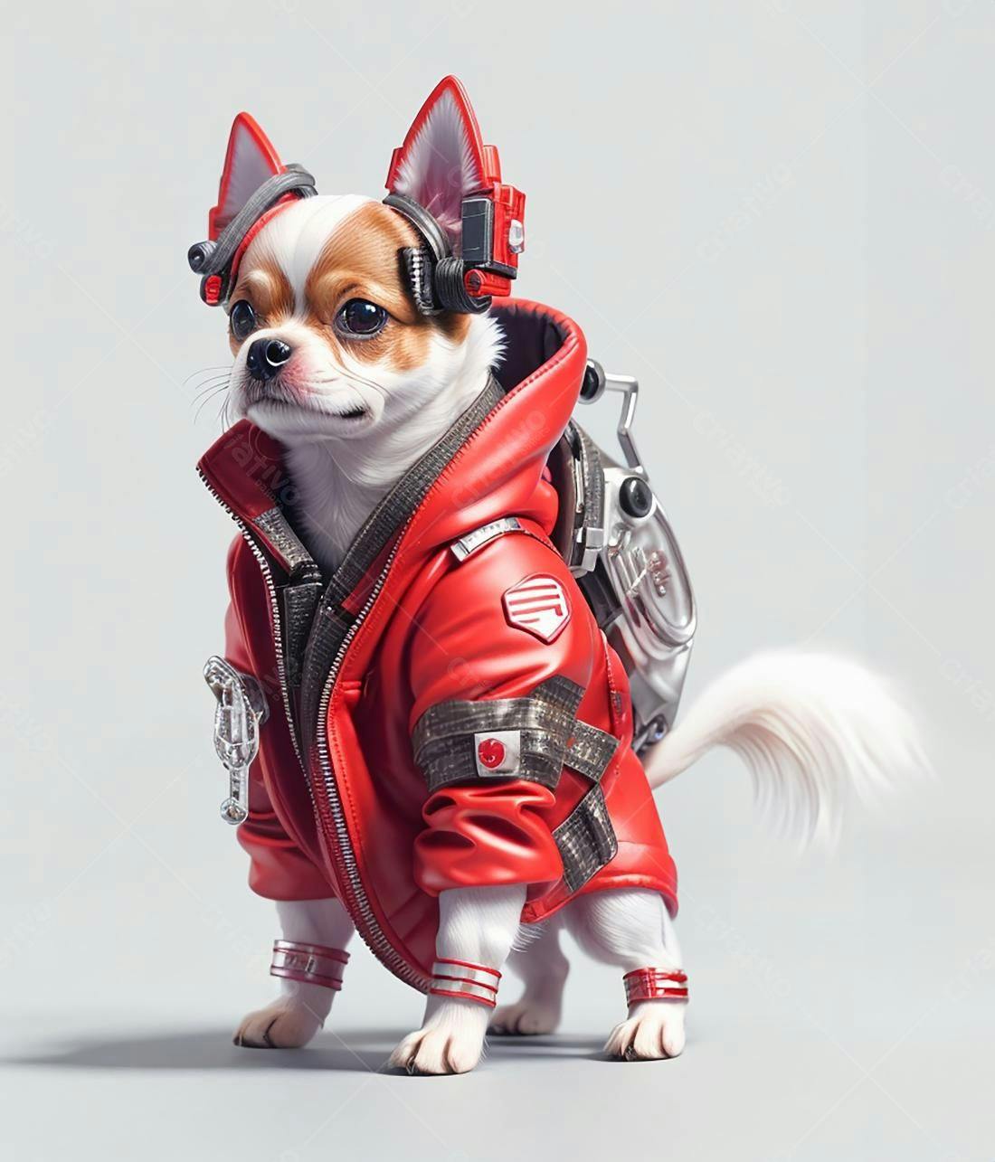 Chihuahua futurista com jaqueta vermelha