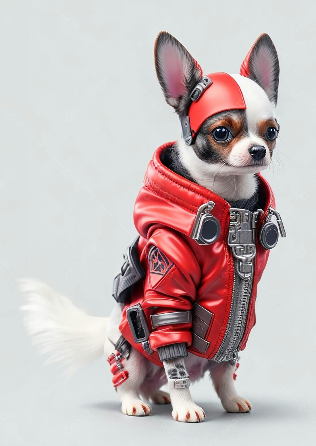 Chihuahua com roupa futurista vermelha