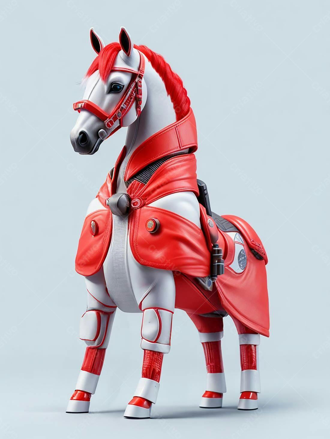 Cavalo robótico branco e vermelho futurista