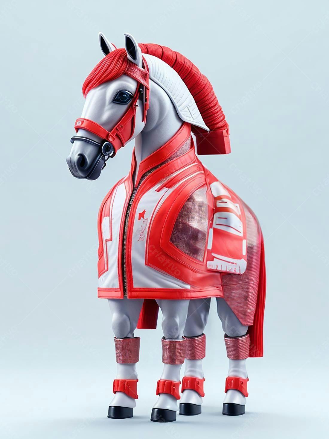 Cavalo branco com jaqueta vermelha estilo futurista