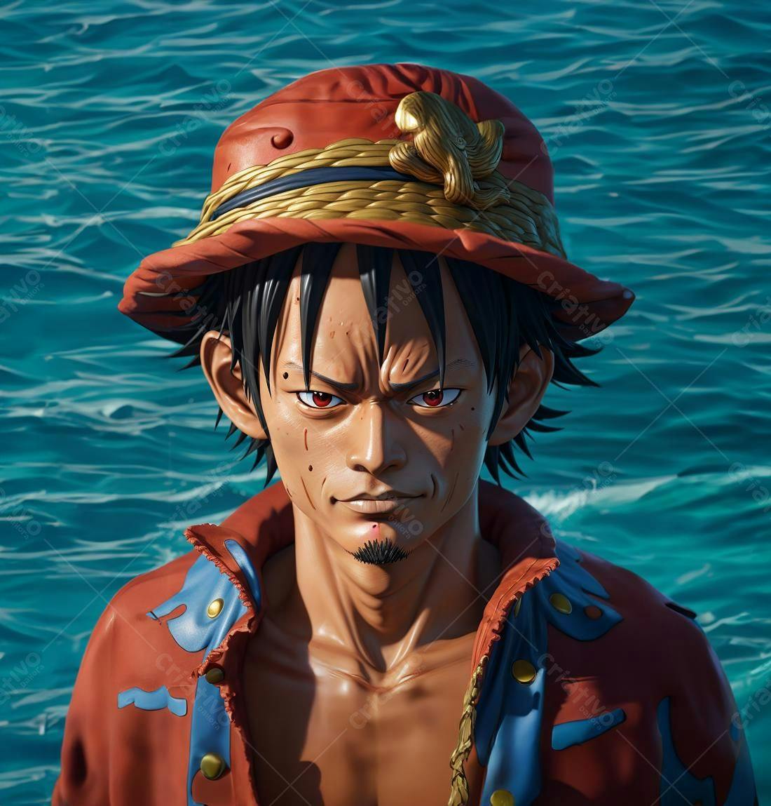 Retrato de Luffy chapéu de palha mar Vermelho