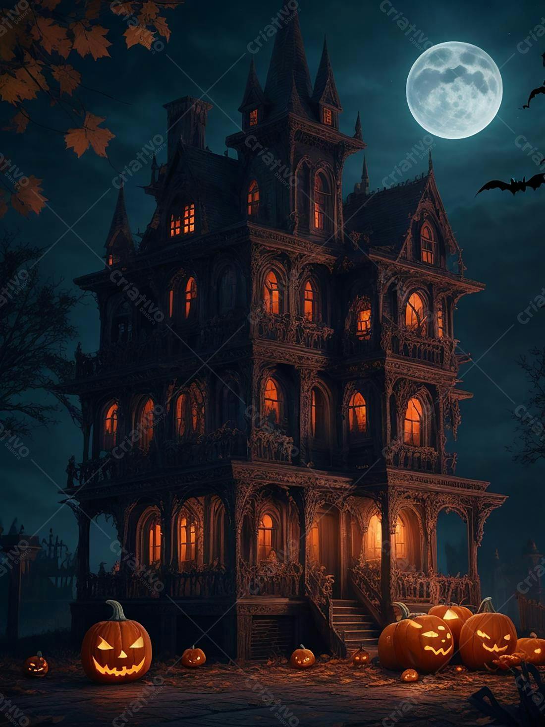 Mansão assombrada noite Halloween abóboras