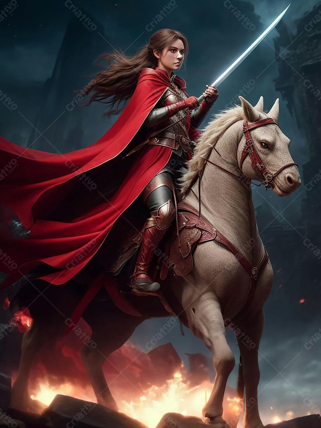 Guerreira medieval a cavalo em cenário de batalha