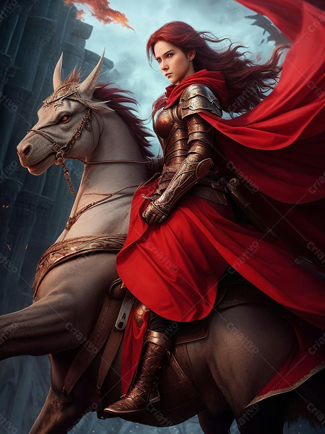 Guerreira medieval a cavalo em cenário épico